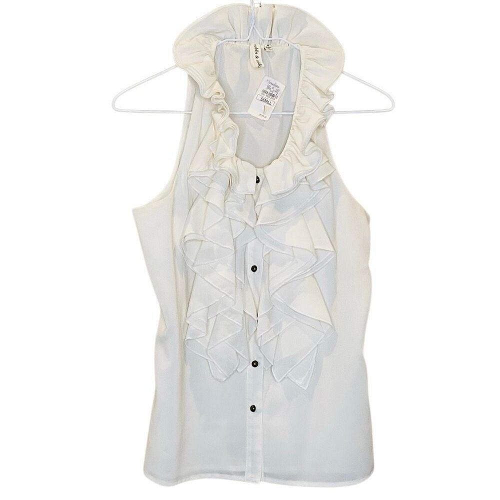 NWT Robbi & Nikki Button Front Ruffle Trim Sleeveless Blouse Cream Small